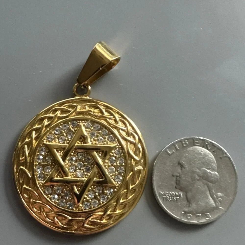 Stainless Steel Jewish Star of David 24” Chain Gold Cubic Zirconia Israel Faith